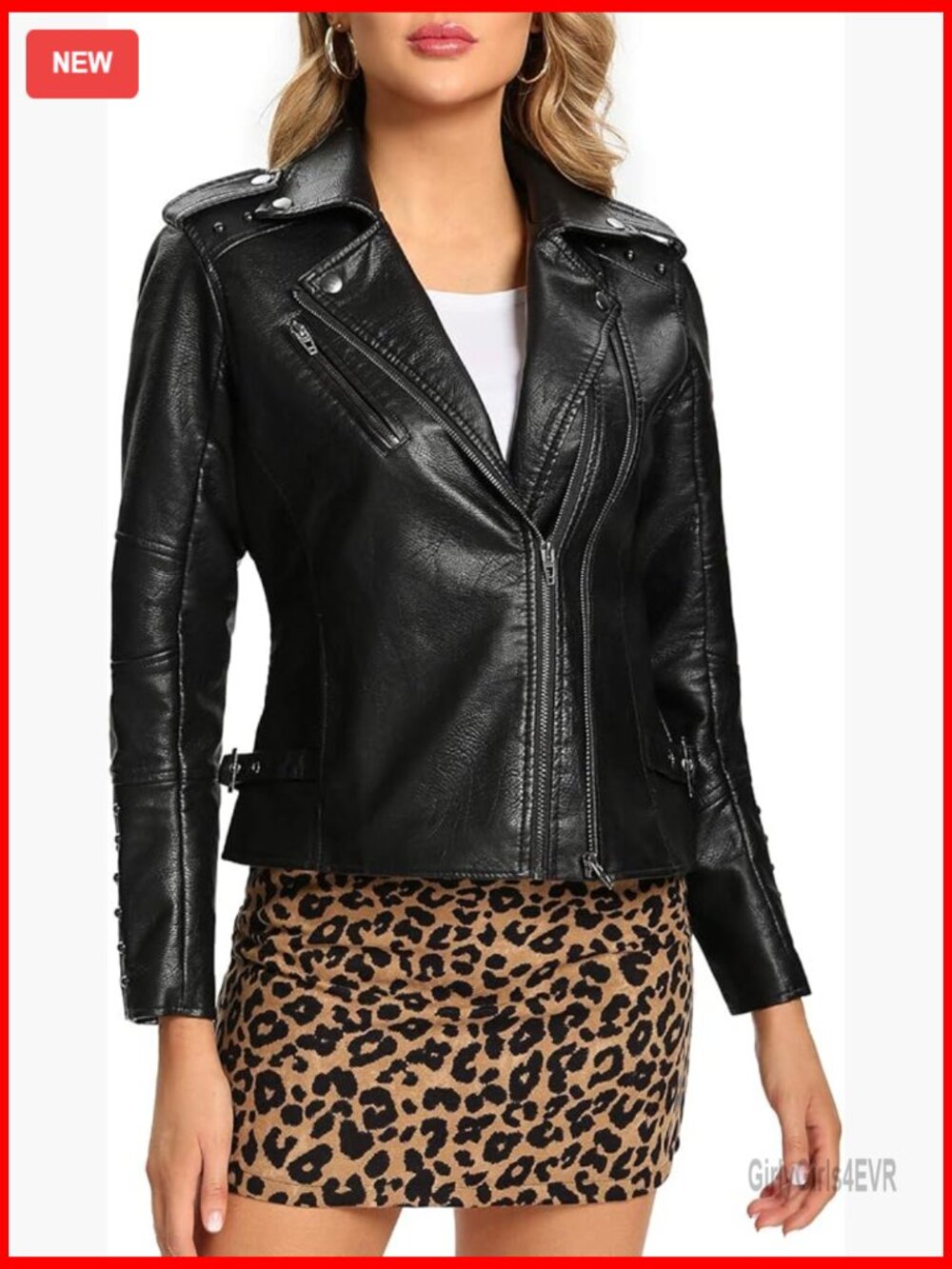 Faux Leather Moto Jacket With Rivets, Zipper Closure, Regular Fit